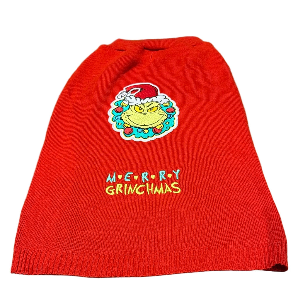 Dr. Seuss Red Grinch Dog Sweater with Merry Grinchmas” saying